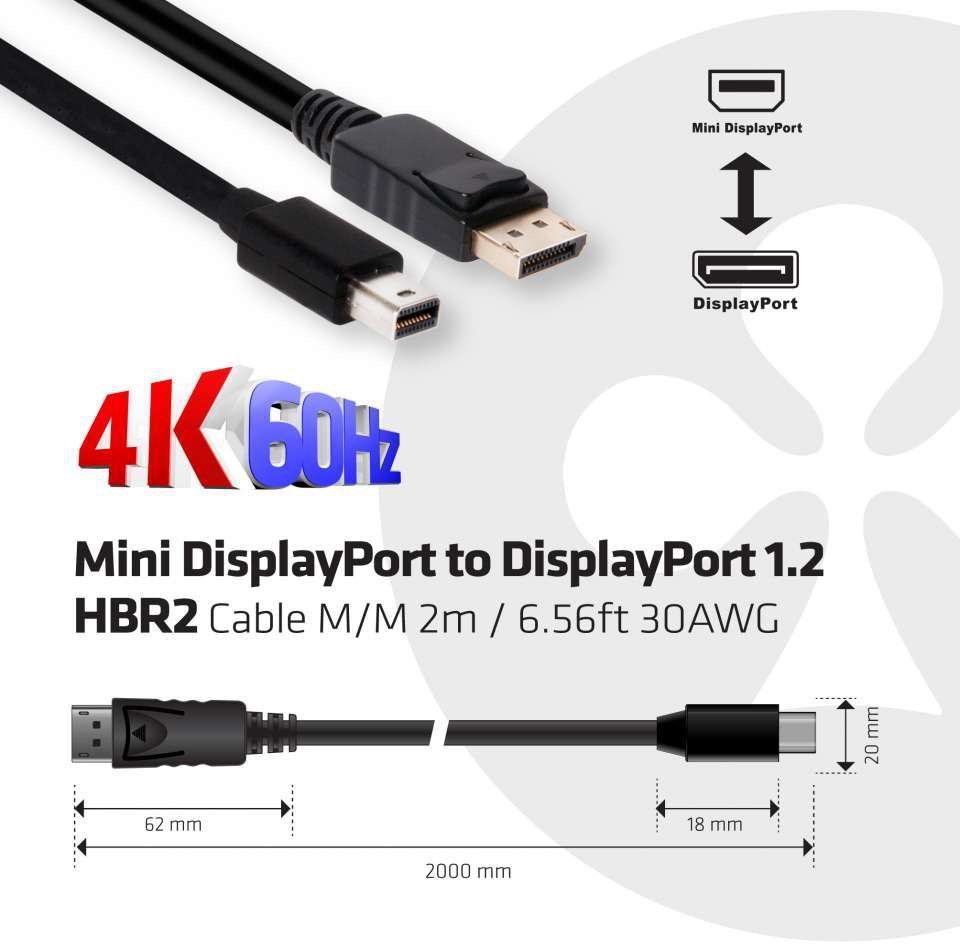 CLUB3D Mini DisplayPort to DisplayPort 1.2 M/M 2mr 4K 60Hz 2