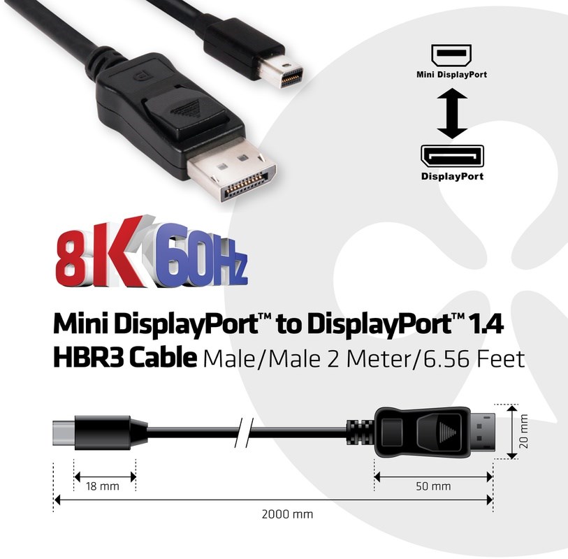 CLUB3D Mini DisplayPort naar DisplayPort 1.4 2m HBR3 8K60Hz 2