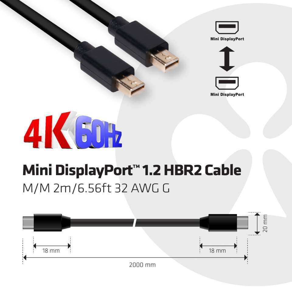 CLUB3D Mini DisplayPort 1.2 HBR2 Cable M/M 2m 4K60Hz 2