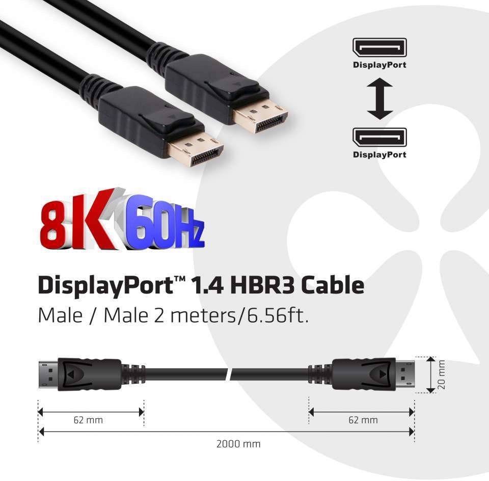 CLUB3D DisplayPort 1.4 HBR3 Cable 2m M/M 8K60Hz 2