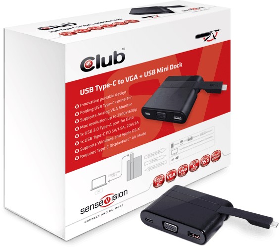 CLUB3D Mini Docking USB C to VGA + USB 3.0 + USB C for Charging